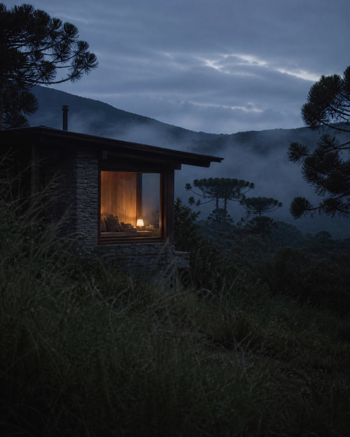 Interior de chalé contemporâneo com vista para montanhas brasileiras